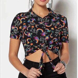 Spencers Crop Top Womens Size Medium Black Floral Pride Rainbow Print Tie Front